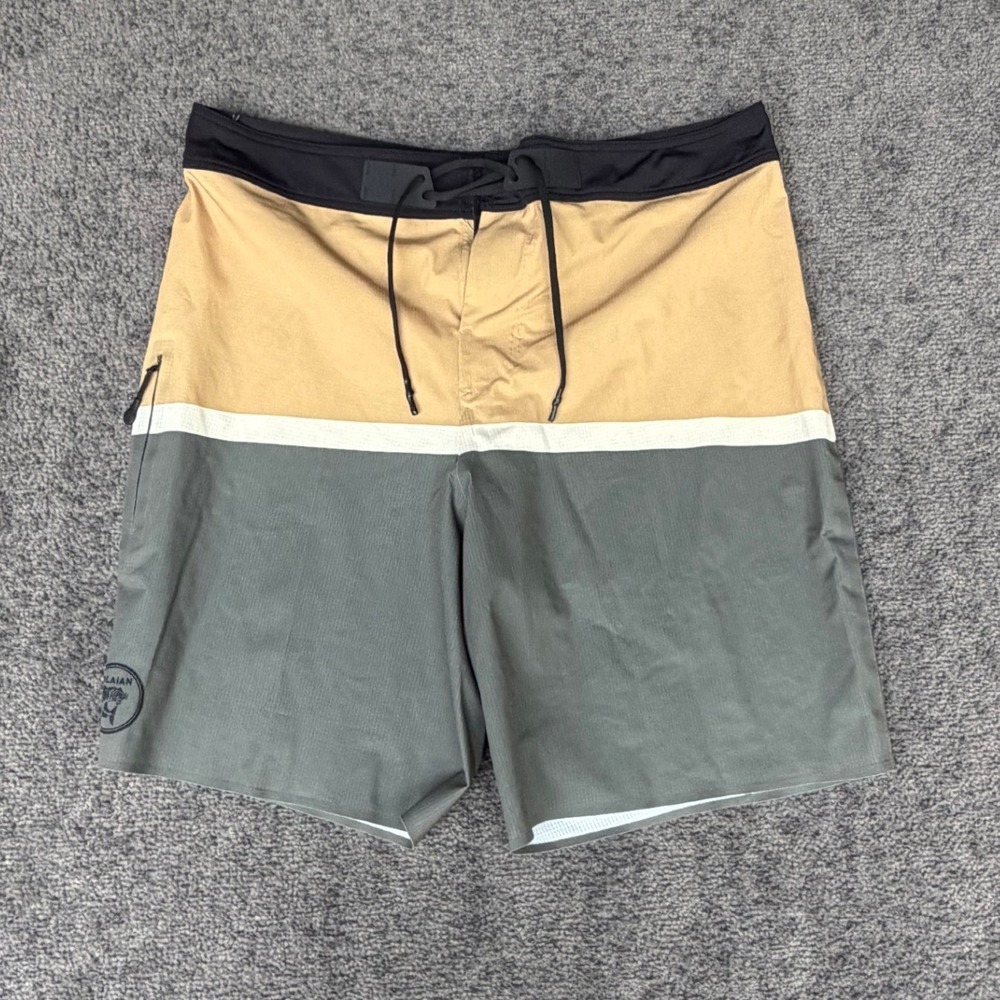 Olaian Decathlon Mens Board Shorts Colorblock Tan Grey Size L 33 Waist